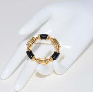 Monet Gold Black Enamel Circle Statement Pin Brooch